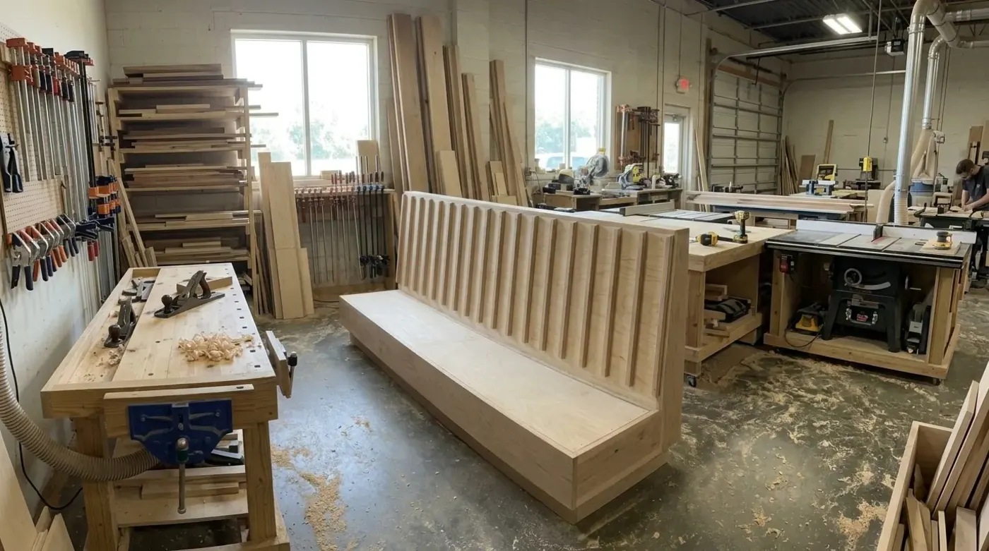 Armazón de booth de madera maciza fabricado a mano en la planta de MF Imports en Guadalajara