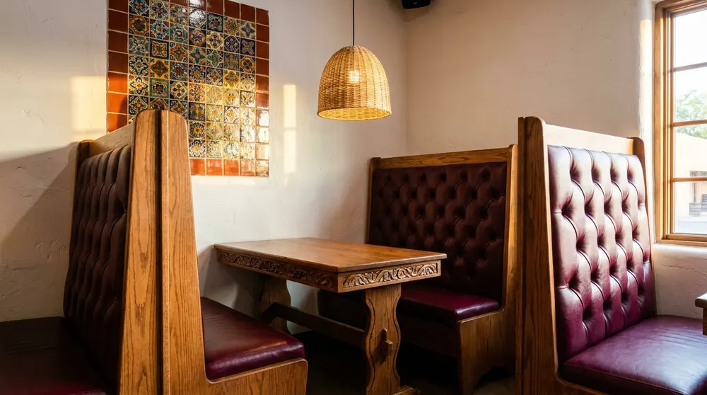 Booths de madera tapizados en un restaurante mexicano