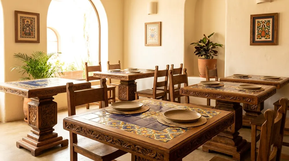 Mesas con cubierta de talavera y base de madera tallada