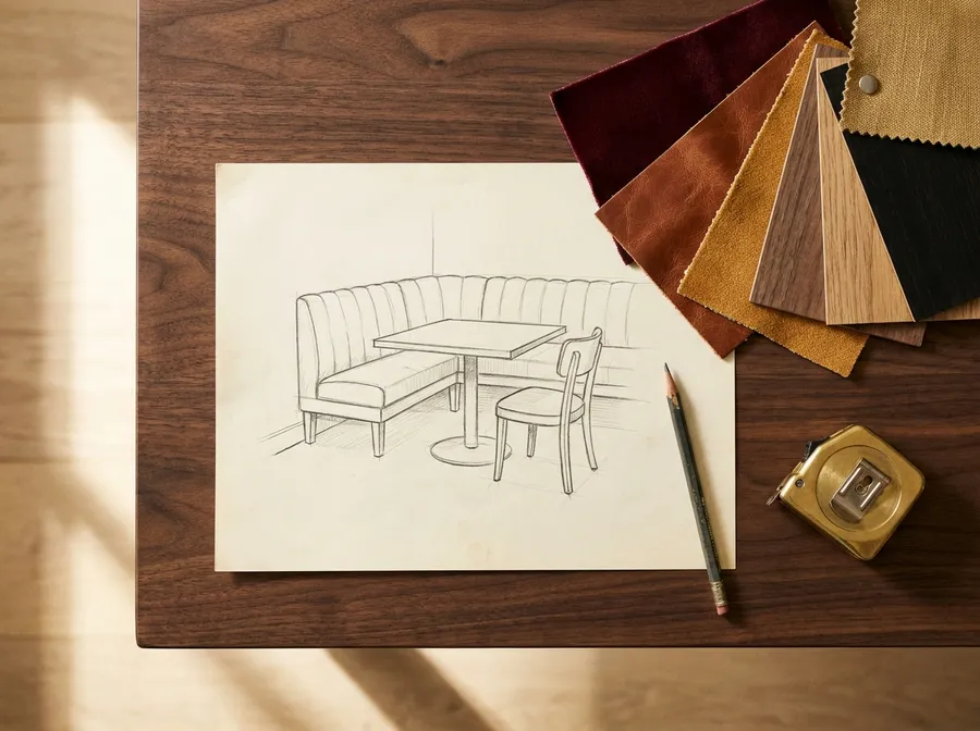 Boceto de booth con muestras de tapiz y acabados de madera